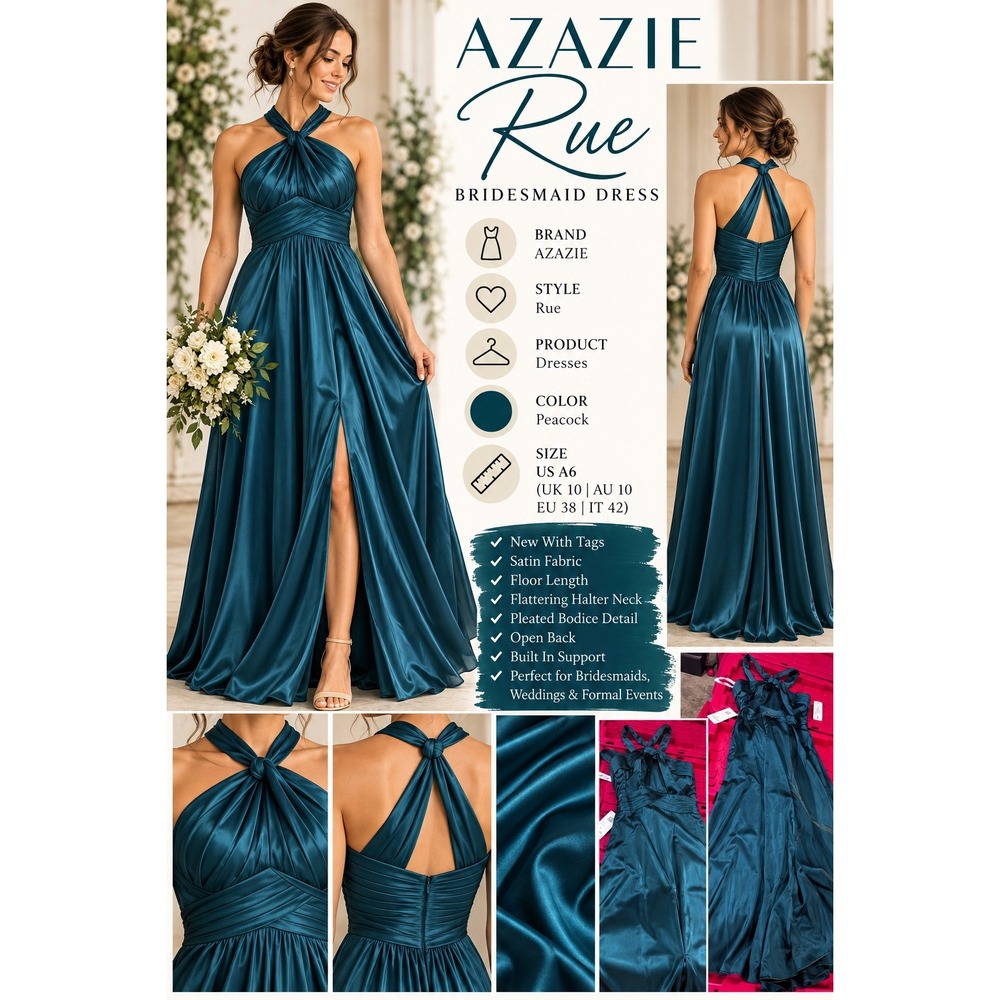 Azazie Rue Bridesmaid Dress Peacock Blue Satin Halter Neck Floor Length Size A6